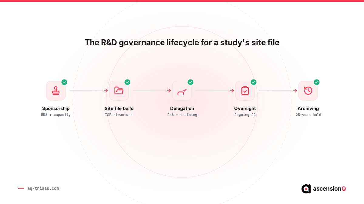 The R&D governance lifecycle for a study's site file: sponsorship, site file build, delegation, oversight and archiving