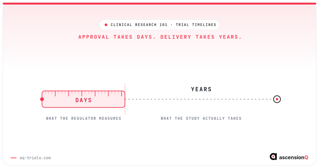 A crimson measuring rule marked DAYS ends early while the line it measures continues as a dashed track marked YEARS, showing that published regulatory clocks cover only the first stretch of a clinical trial timeline