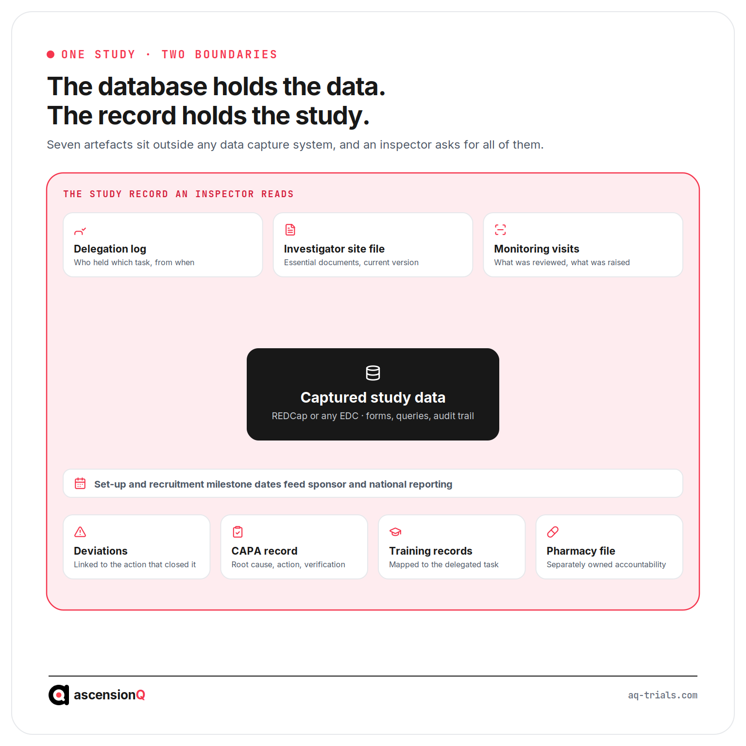 The captured study data sits inside the wider study record, surrounded by the delegation log, investigator site file, monitoring visits, deviations, CAPA, training records, pharmacy file and milestone dates