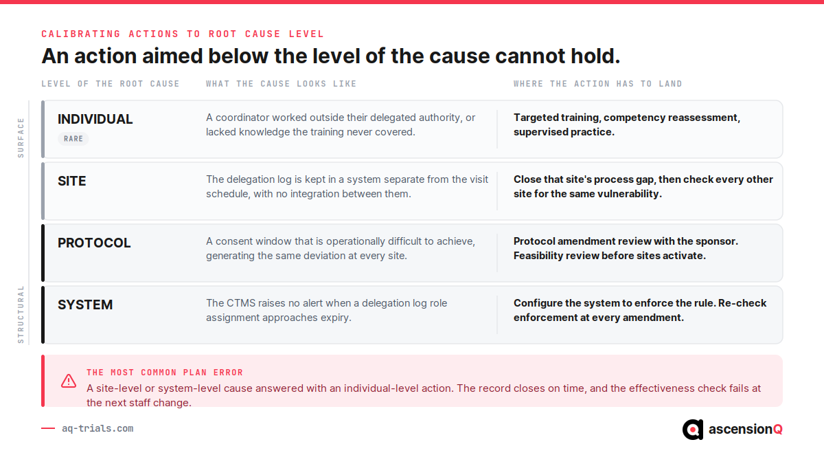 Four-tier stack of root cause levels in clinical research CAPA (individual, site, protocol and system), each paired with the corrective and preventive action that has to land at that level