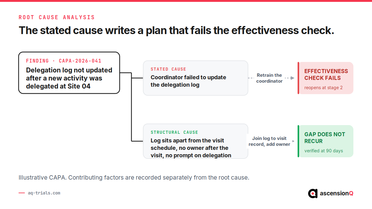 Root cause analysis branch showing a delegation log finding traced to a stated cause whose action plan fails the effectiveness check, and to a structural cause whose action plan holds