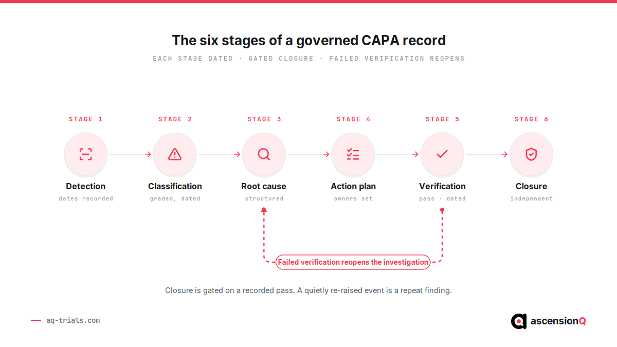 Six stage flow of a governed CAPA record from detection through classification, root cause, action plan and verification to closure, with a failed verification reopening the investigation