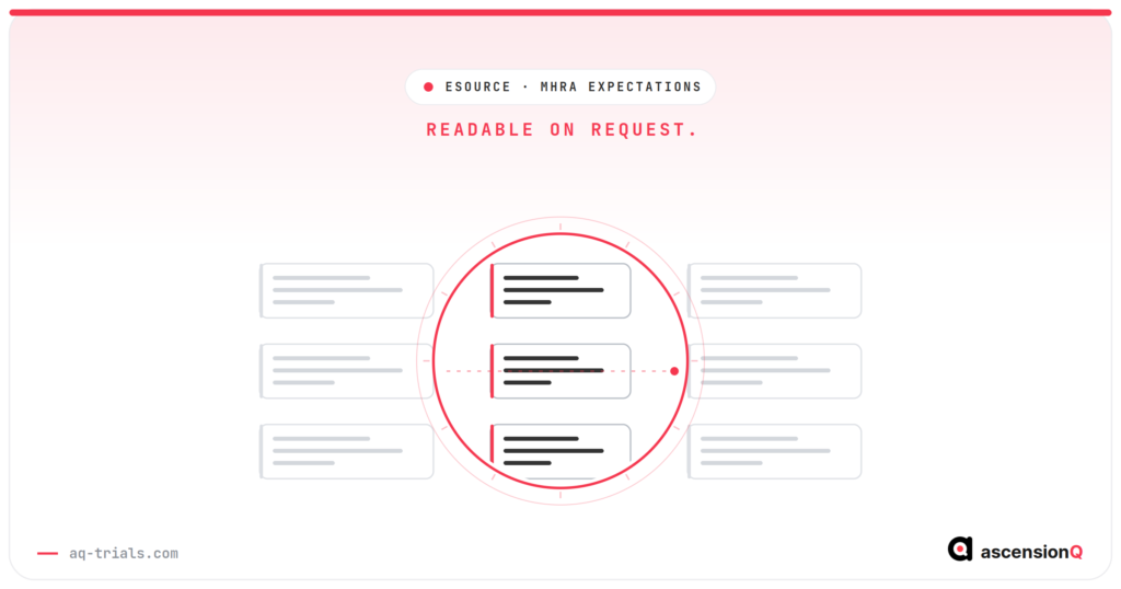 Conceptual illustration of MHRA eSource requirements, an aperture making trial records legible while surrounding records stay dim
