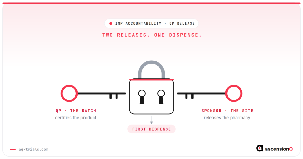 Two keys turning one lock: a Qualified Person certifies the batch and the sponsor releases the pharmacy, and both must turn before a first dispense